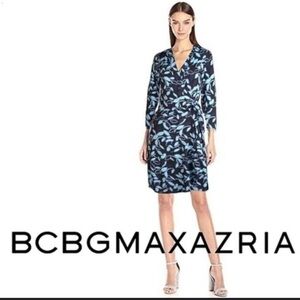 BCBGMaxAzria Wrap Dress Medium M Blue Stretch 3/4 Long Sleeve Washable $178 NEW